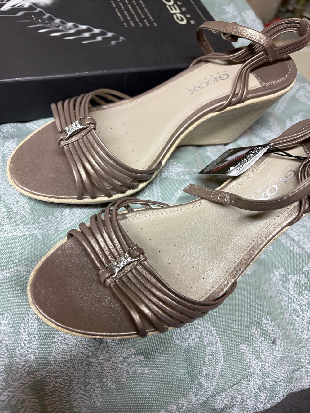 Geox Bronze-Tone Strappy Wedge Sandals with Rhinestone Accent